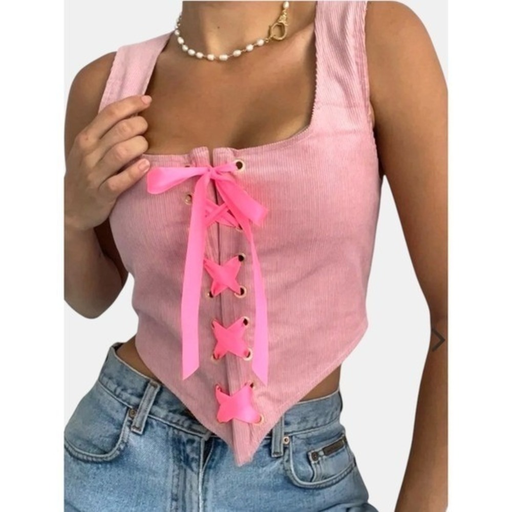 Vanessa Mooney Coquette Reversible Pink Lace Up Corset Vest Top L